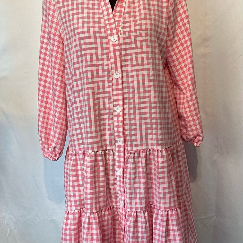 Chic Pink and White Checkered Long Sleeve Dress